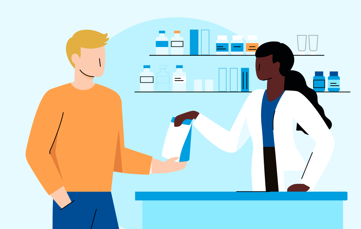 female pharmacist with male customer