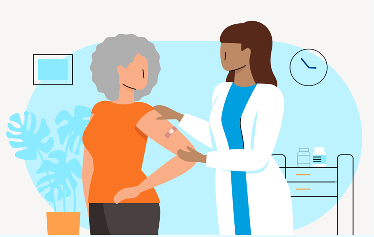 Illustrated image of female doctor placing a bandage on a woman's arm