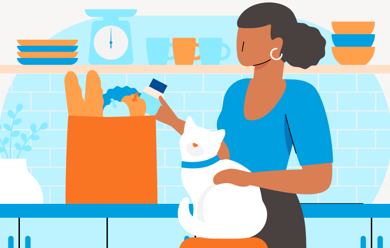 Illustrated picture of a woman with her hand on a cat and the other hand unloading a grocery bag.