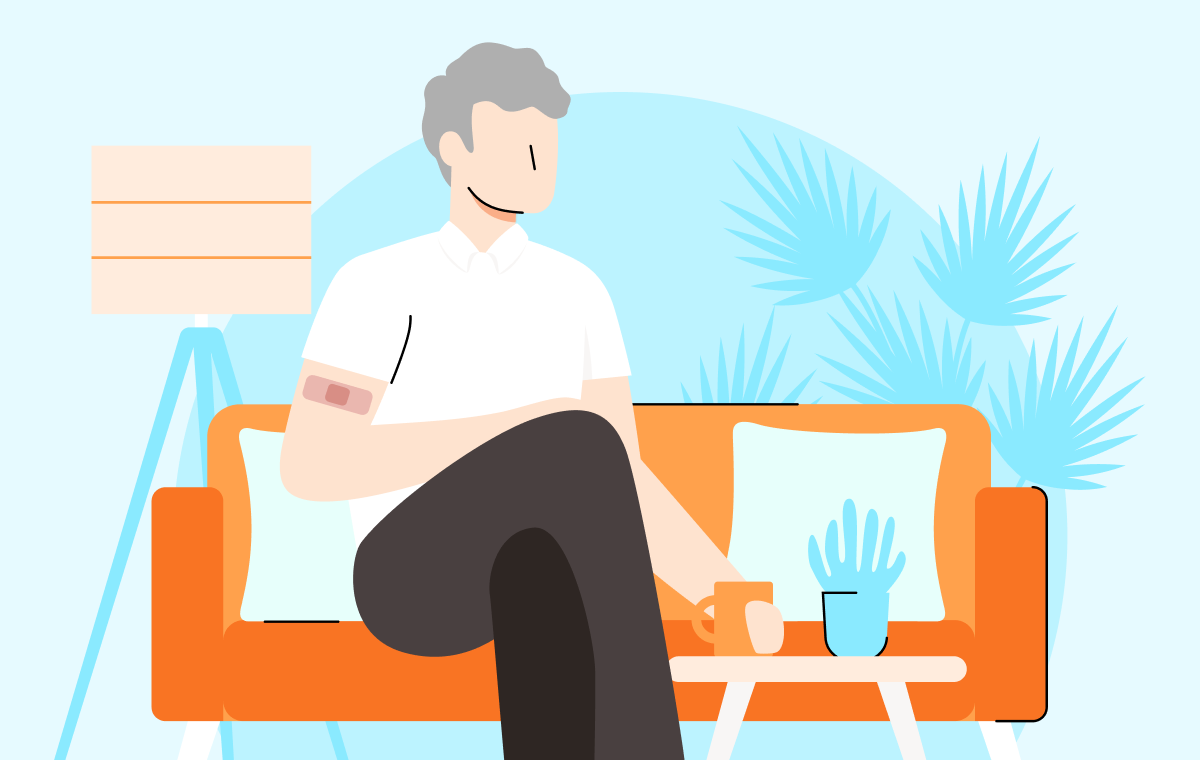 Illustrated image of a man sitting on a couch showing vaccinated spot with band-aid on his right arm