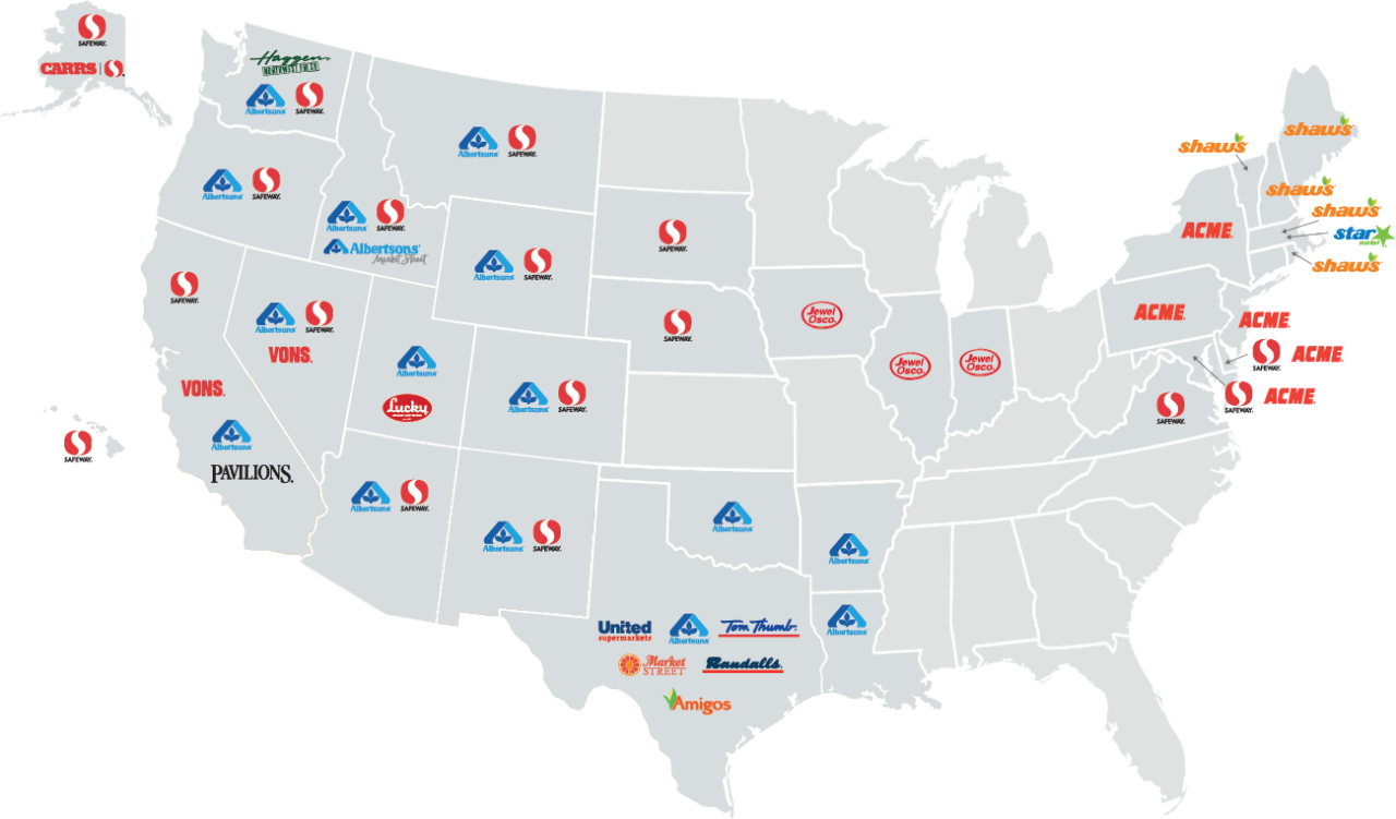 A map of the United States with the Albertsons family banners listed in the state where they have stores